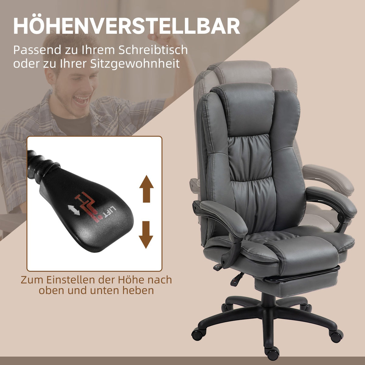 Office Chair Executive Chair Swivel Chair Liftable with Footrest Headrest Ergonomic Chair Vibration Desk Chair with Reclining Function Massage Function Faux Leather Dark Gray 68.5x68.5x113-121cm
