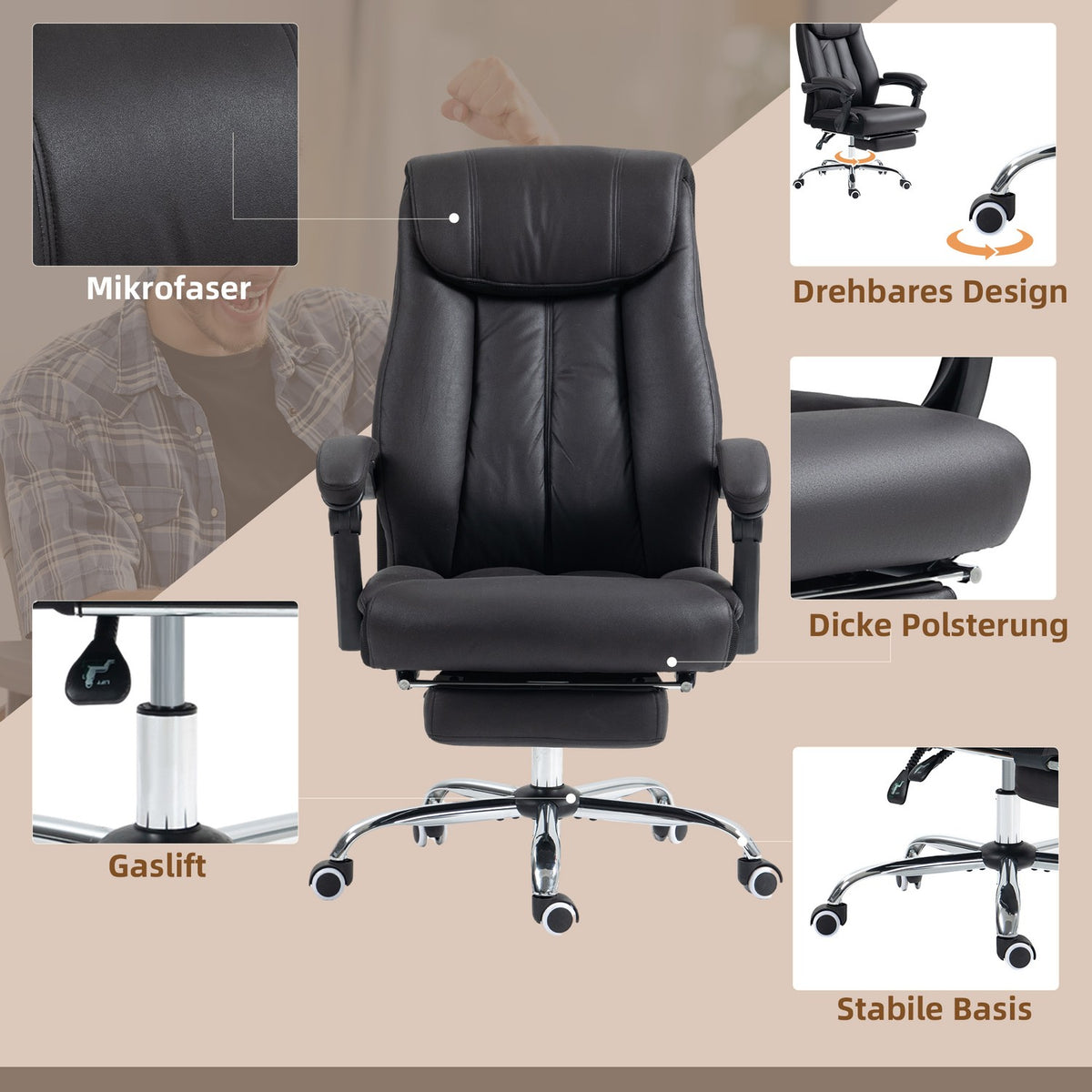 Office Chair Executive Chair With Footrest Height Adjustable Microfiber Tilt Steel Black