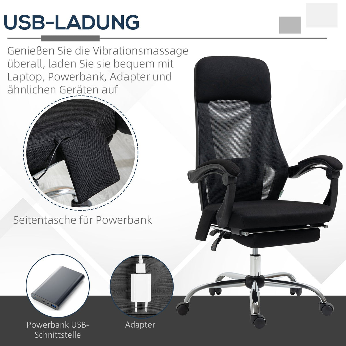 Office Chair Massage Chair With 2 Vibration Points, Reclining Function, Footrest, Usb, Mesh Fabric