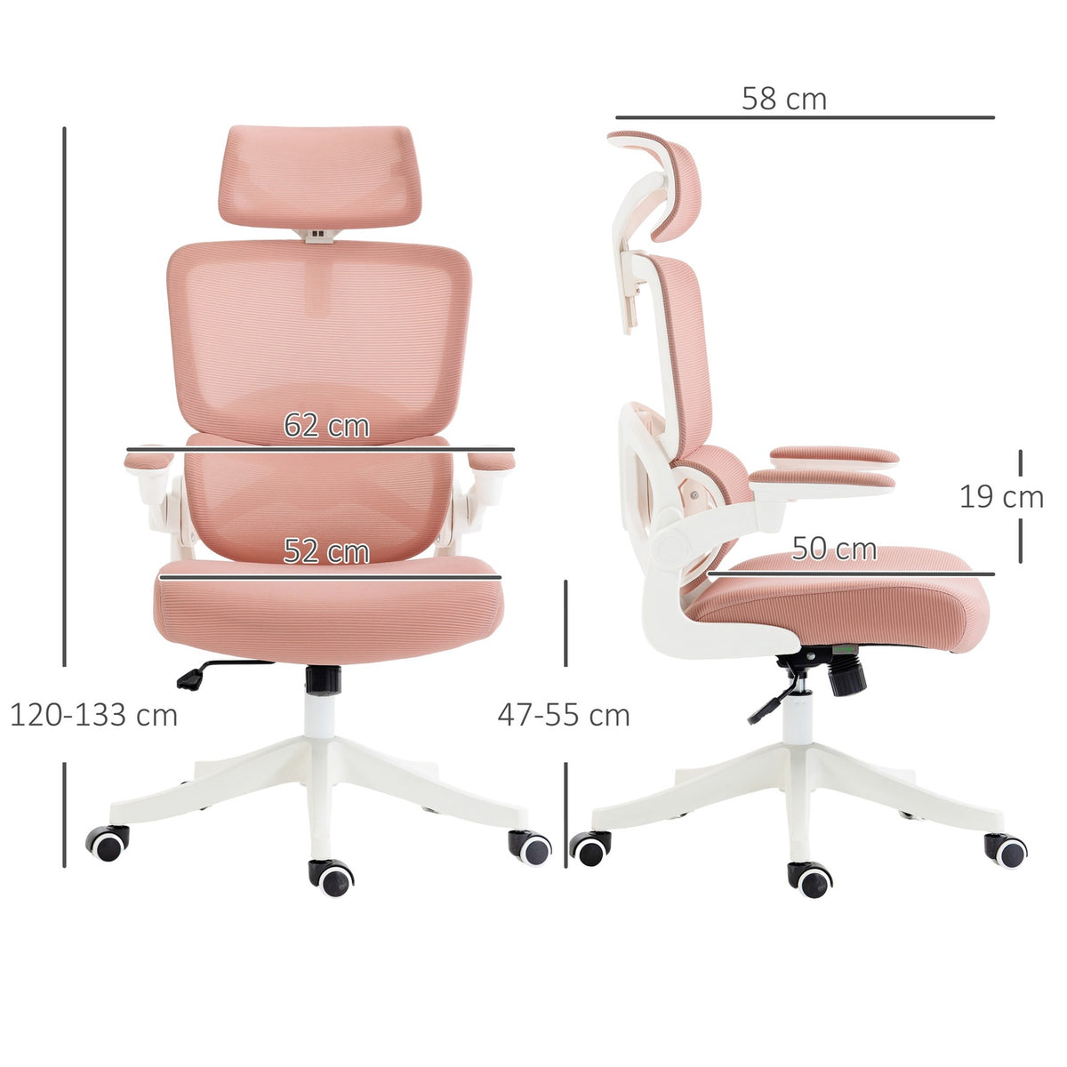 Office Chair Rocker Function, Desk Chair, Height-Adjustable Computer Chair Up To 120Kg, Mesh, Pink, 62X58X120-133Cm