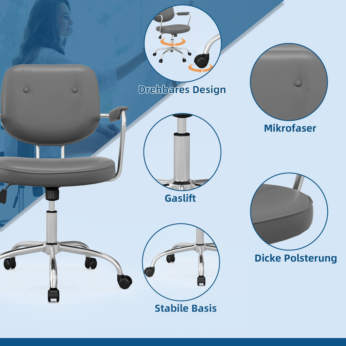 Office Chair Rocker Function, Imitation Leather Look, Height Adjustable 82-92Cm, Wheels, Up To 120Kg, Swivel Chair