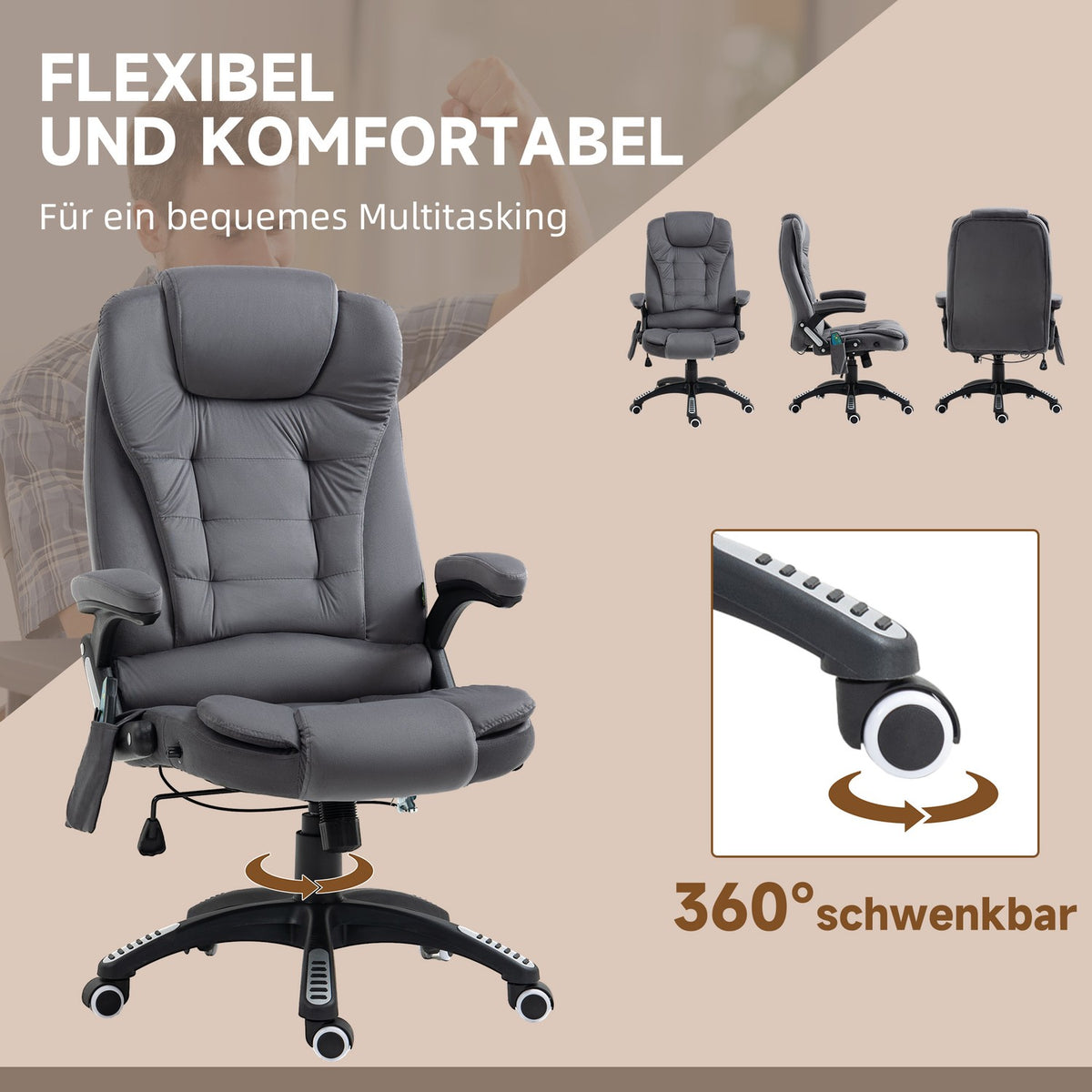 Office Chair Rocker Function Massage Chair Heat Function Ergonomic Height Adjustable 120Kg Load Capacity Dark Gray
