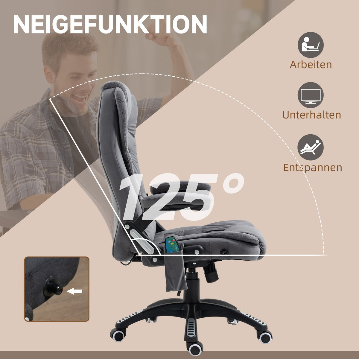 Office Chair Rocker Function Massage Chair Heat Function Ergonomic Height Adjustable 120Kg Load Capacity Dark Gray