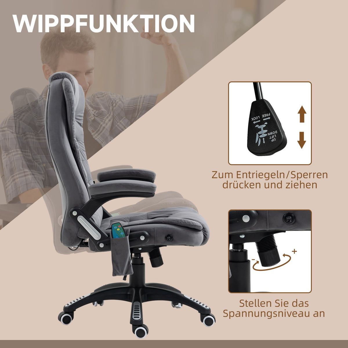 Office Chair Rocker Function Massage Chair Heat Function Ergonomic Height Adjustable 120Kg Load Capacity Dark Gray