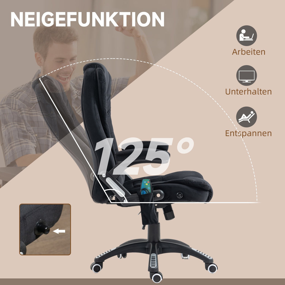 Office Chair Rocker Function Massage Chair Heat Function Ergonomic Height Adjustable Up To 120Kg Black