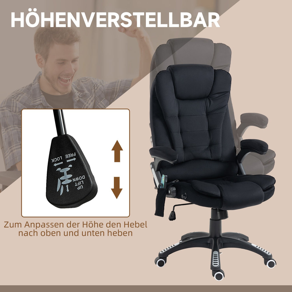 Office Chair Rocker Function Massage Chair Heat Function Ergonomic Height Adjustable Up To 120Kg Black