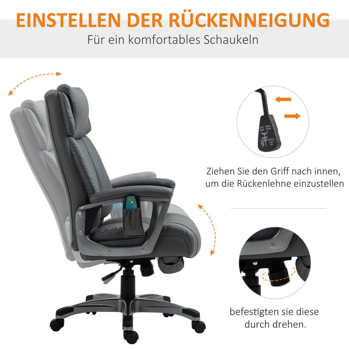 Office Chair Swivel Chair With 6 Massage Points, Ergonomic, Faux Leather, Gray, 70X76.5X114-124Cm