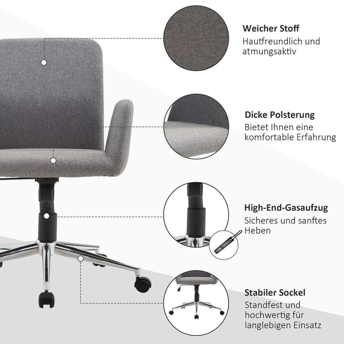 Office Chair Swivel Chair With Reclining Function, Height Adjustable, Nordic Style, With Wheels, 61X58X88-97.5 Cm
