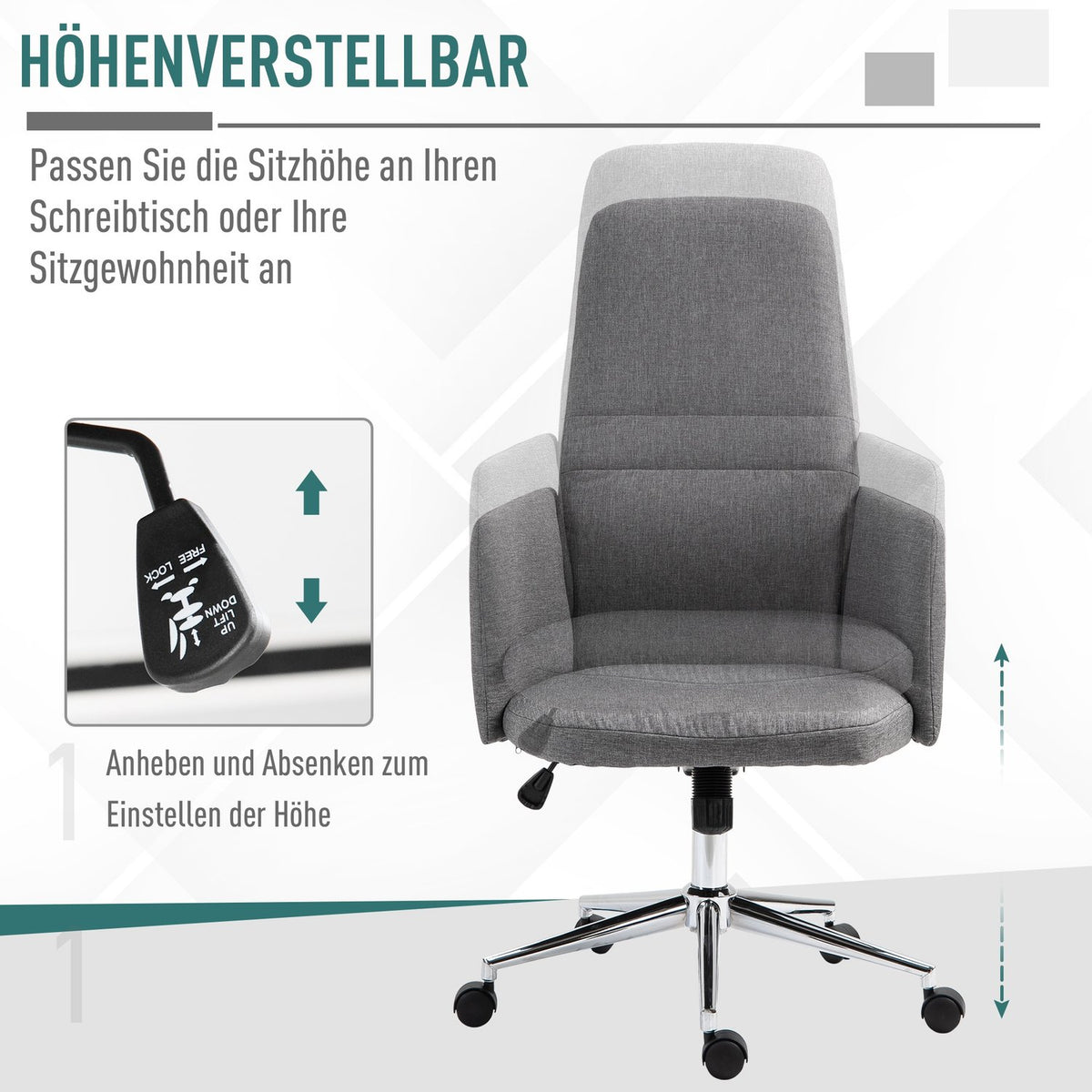 Office Chair Swivel Chair With Rocker Function, Armrest, Height Adjustable, Ergonomic, Artificial Linen, Metal, Gray, 61X67X112.5-120.5Cm