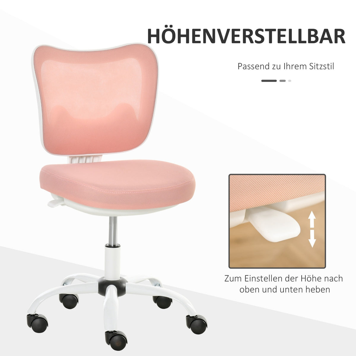 Office Chair Swivel Chair Without Armrests Height Adjustable Foam Abs Metal White + Pink 46 X 51 X 78-87.5 Cm