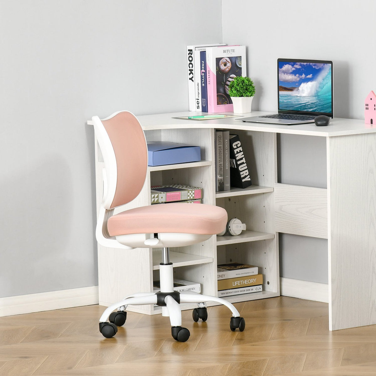 Office Chair Swivel Chair Without Armrests Height Adjustable Foam Abs Metal White + Pink 46 X 51 X 78-87.5 Cm