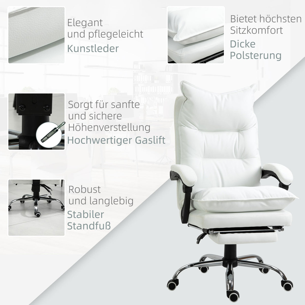 Office Chair With Footrest, Height-Adjustable Desk Chair, Swivel Chair, Backrest, Faux Leather, White, 66 X 72 X 122-130 Cm