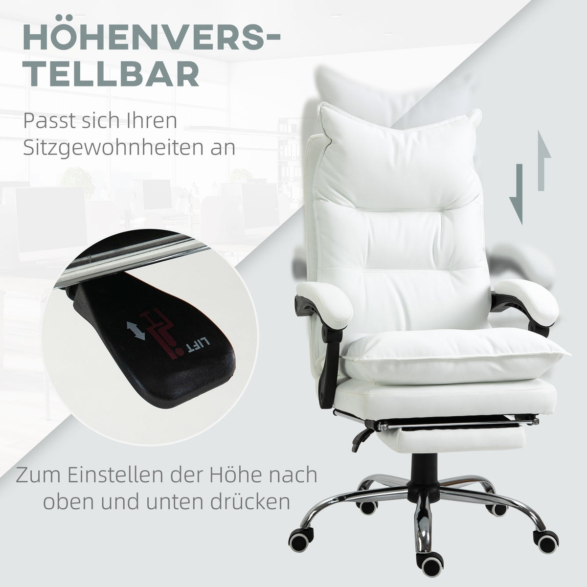 Office Chair With Footrest, Height-Adjustable Desk Chair, Swivel Chair, Backrest, Faux Leather, White, 66 X 72 X 122-130 Cm