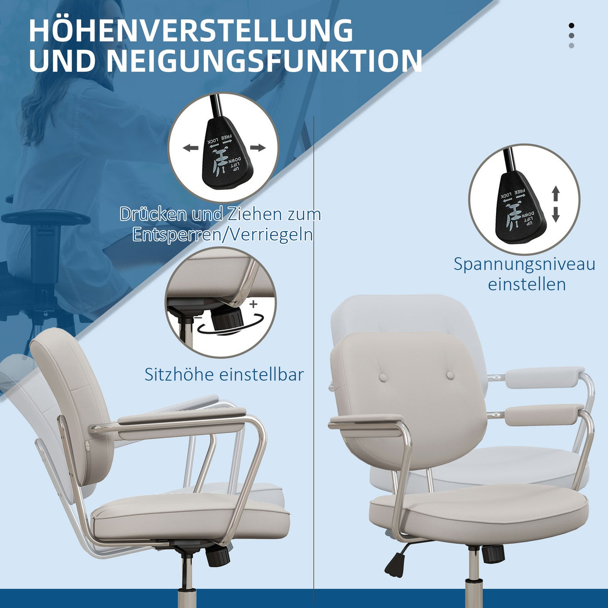 Office Chair With Rocker Function, Desk Chair With Faux Leather Look, Wheels, 82-92 Cm Height-Adjustable Swivel Chair, Load Capacity Up To 120 Kg, Beige