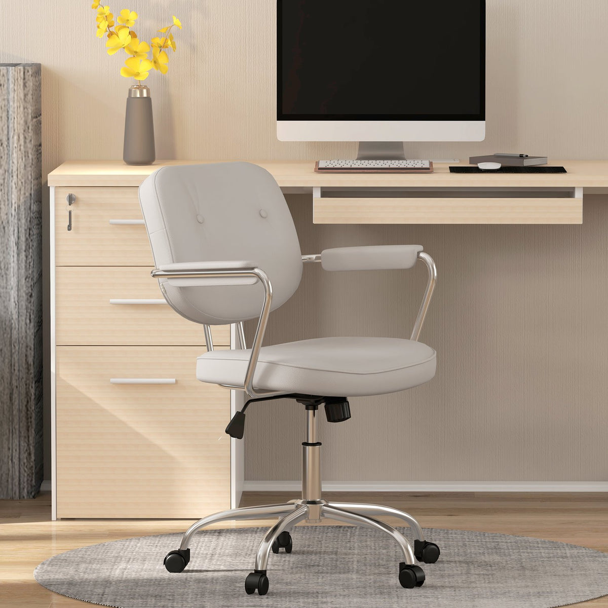 Office Chair With Rocker Function, Desk Chair With Faux Leather Look, Wheels, 82-92 Cm Height-Adjustable Swivel Chair, Load Capacity Up To 120 Kg, Beige