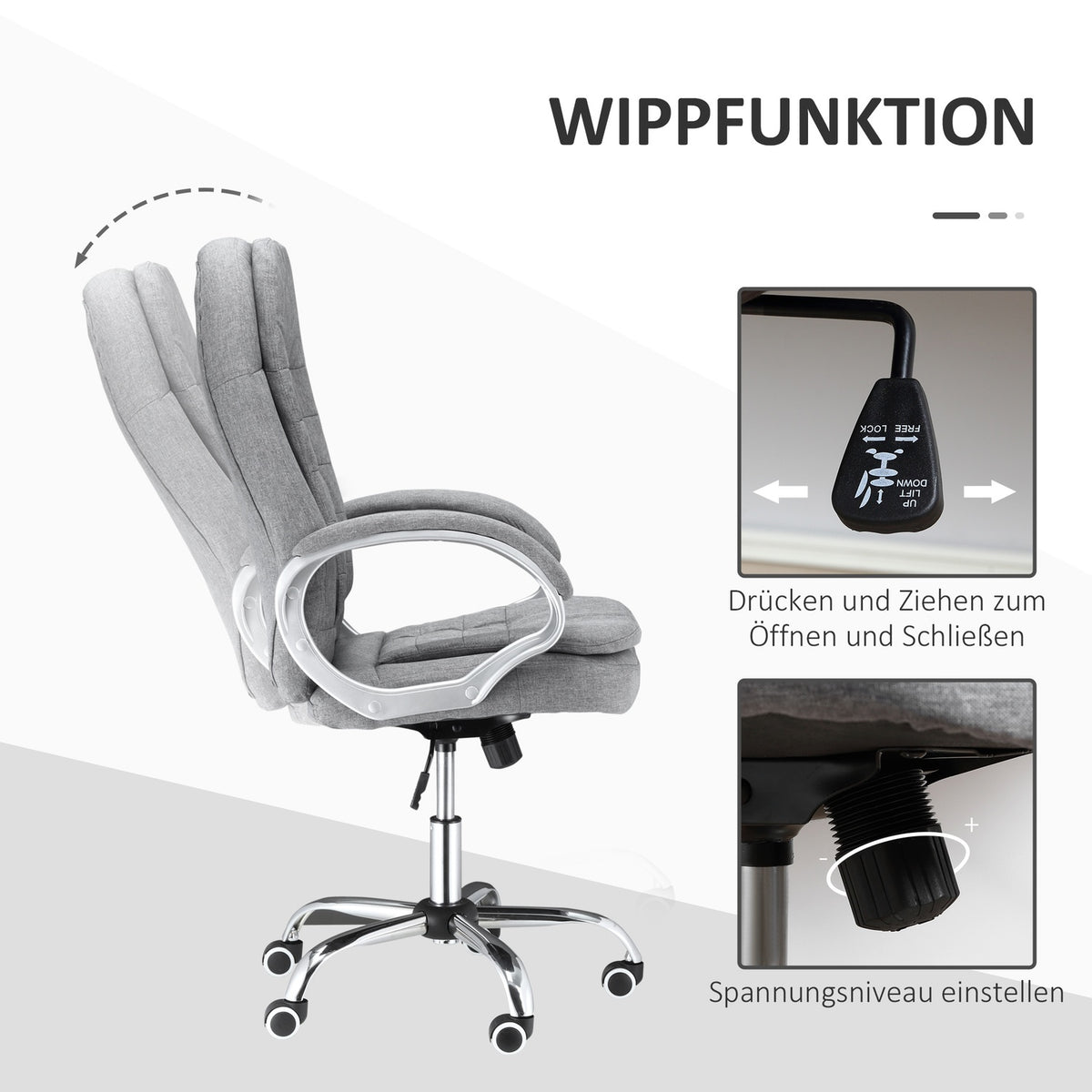 Office Chair Work Chair With 360° Rotation, Ergonomic, Rocker Function, Height Adjustable, Gray Linen, 64X75X111-121 Cm