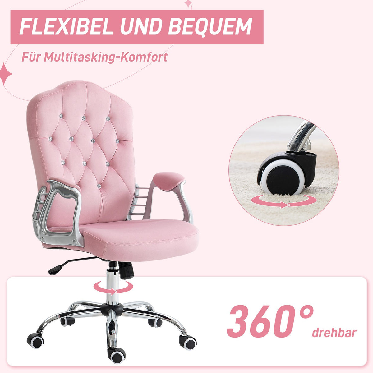 Office Chair for Women, Ergonomic Desk Chair with Rocker Function, Height Adjustable, Load Capacity 120kg, Pink