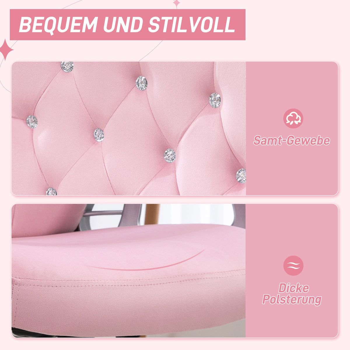 Office Chair for Women, Ergonomic Desk Chair with Rocker Function, Height Adjustable, Load Capacity 120kg, Pink