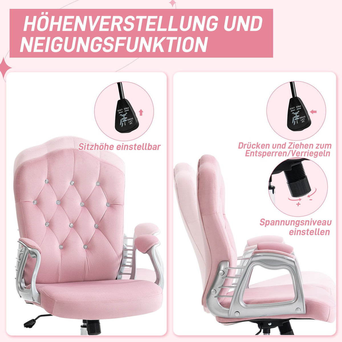 Office Chair for Women, Ergonomic Desk Chair with Rocker Function, Height Adjustable, Load Capacity 120kg, Pink