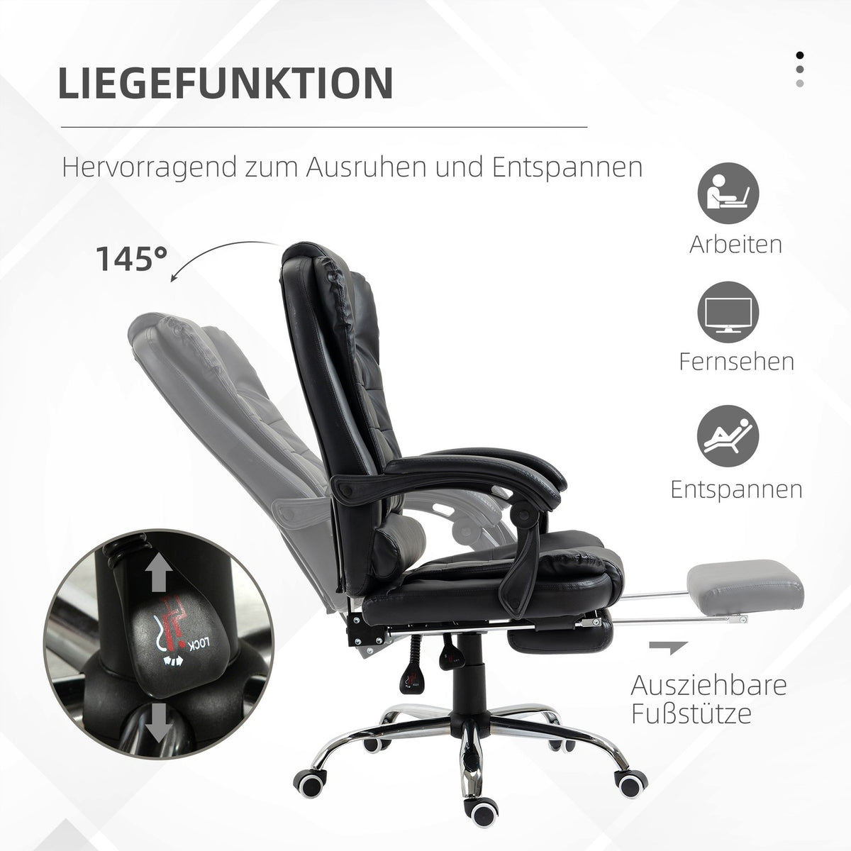Office Chair with Footrest, Adjustable Backrest, Black