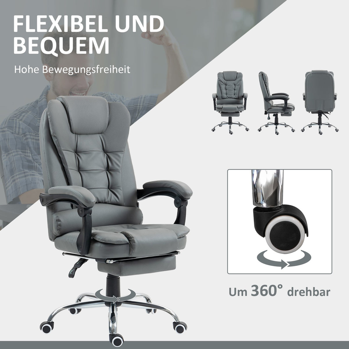 Office Chair with Footrest, Adjustable Backrest, Grey