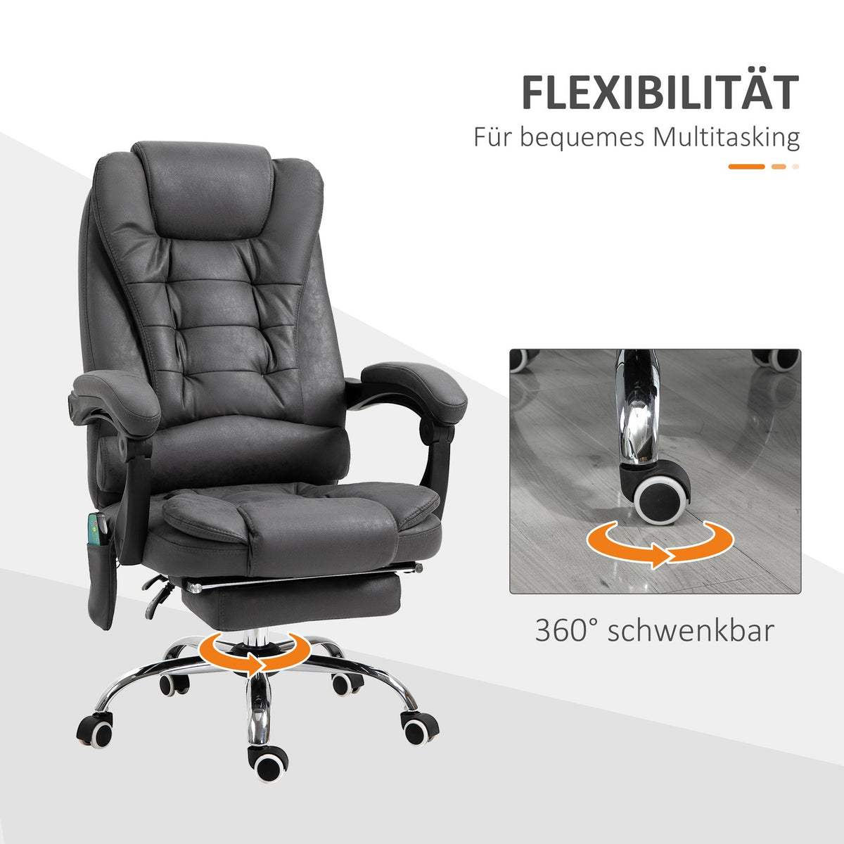 Office Chair with Massage and Heat Function, Ergonomic, 6 Massage Points, Footrest, Remote Control, Polyester, 65 x 160 x 104 cm, Gray