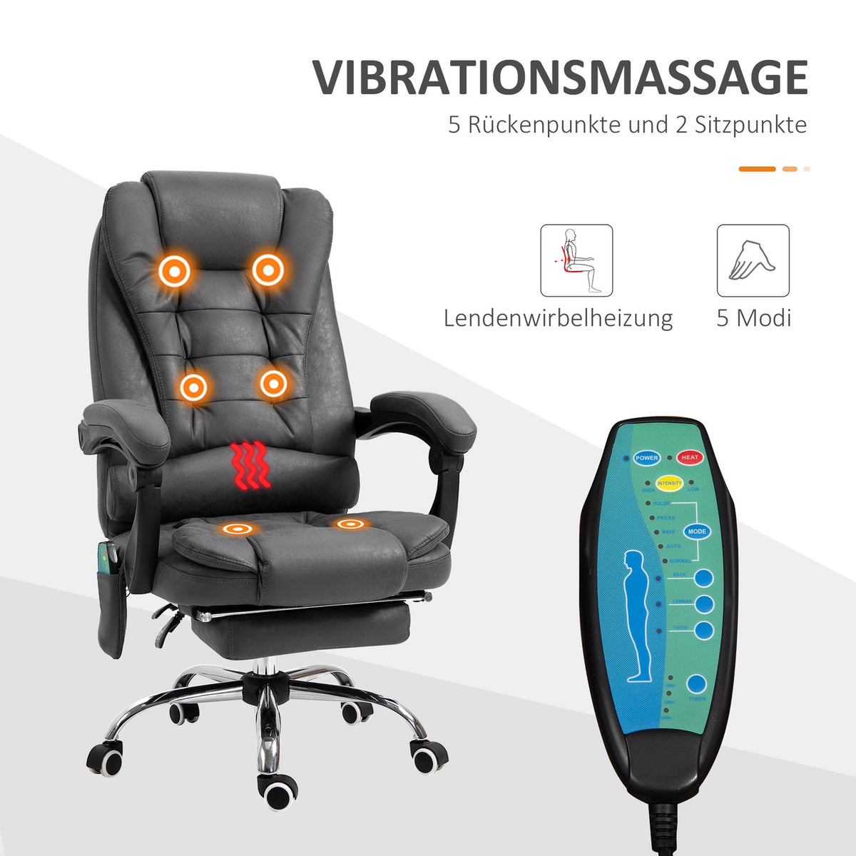 Office Chair with Massage and Heat Function, Ergonomic, 6 Massage Points, Footrest, Remote Control, Polyester, 65 x 160 x 104 cm, Gray