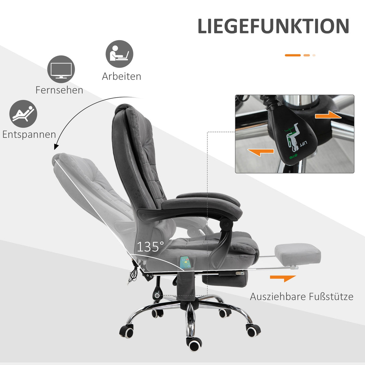 Office Chair with Massage and Heat Function, Ergonomic, 6 Massage Points, Footrest, Remote Control, Polyester, 65 x 160 x 104 cm, Gray