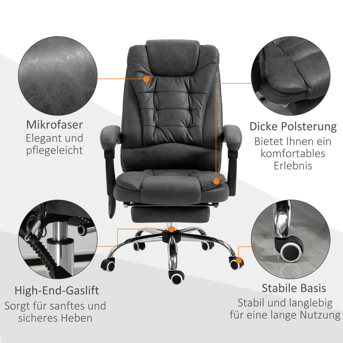 Office Chair with Massage and Heat Function, Ergonomic, 6 Massage Points, Footrest, Remote Control, Polyester, 65 x 160 x 104 cm, Gray