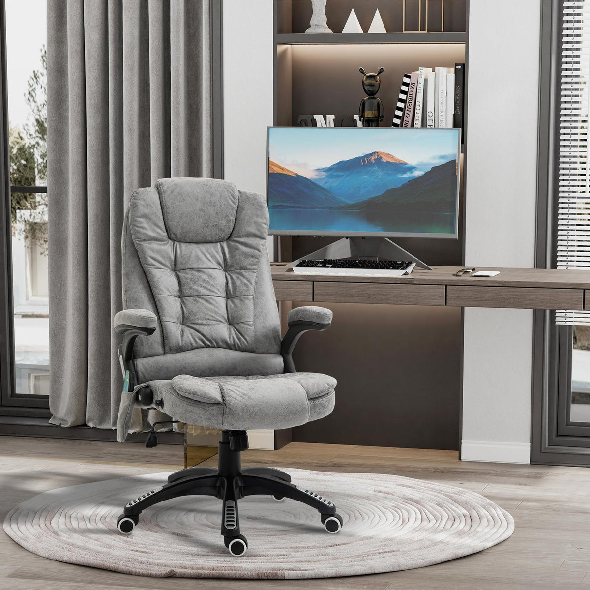 Office Chair with Massage and Heat Function, Ergonomic, Height Adjustable, Smooth, 6 Massage Points, 68W x 72D x 110-120H cm, Gray