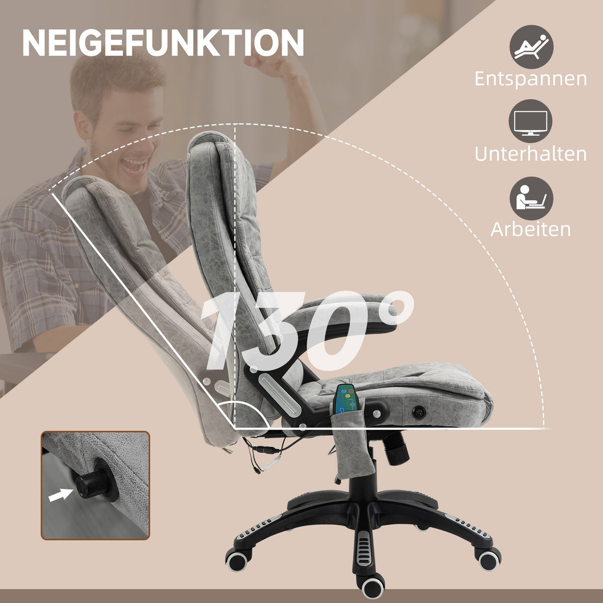 Office Chair with Massage and Heat Function, Ergonomic, Height Adjustable, Smooth, 6 Massage Points, 68W x 72D x 110-120H cm, Gray