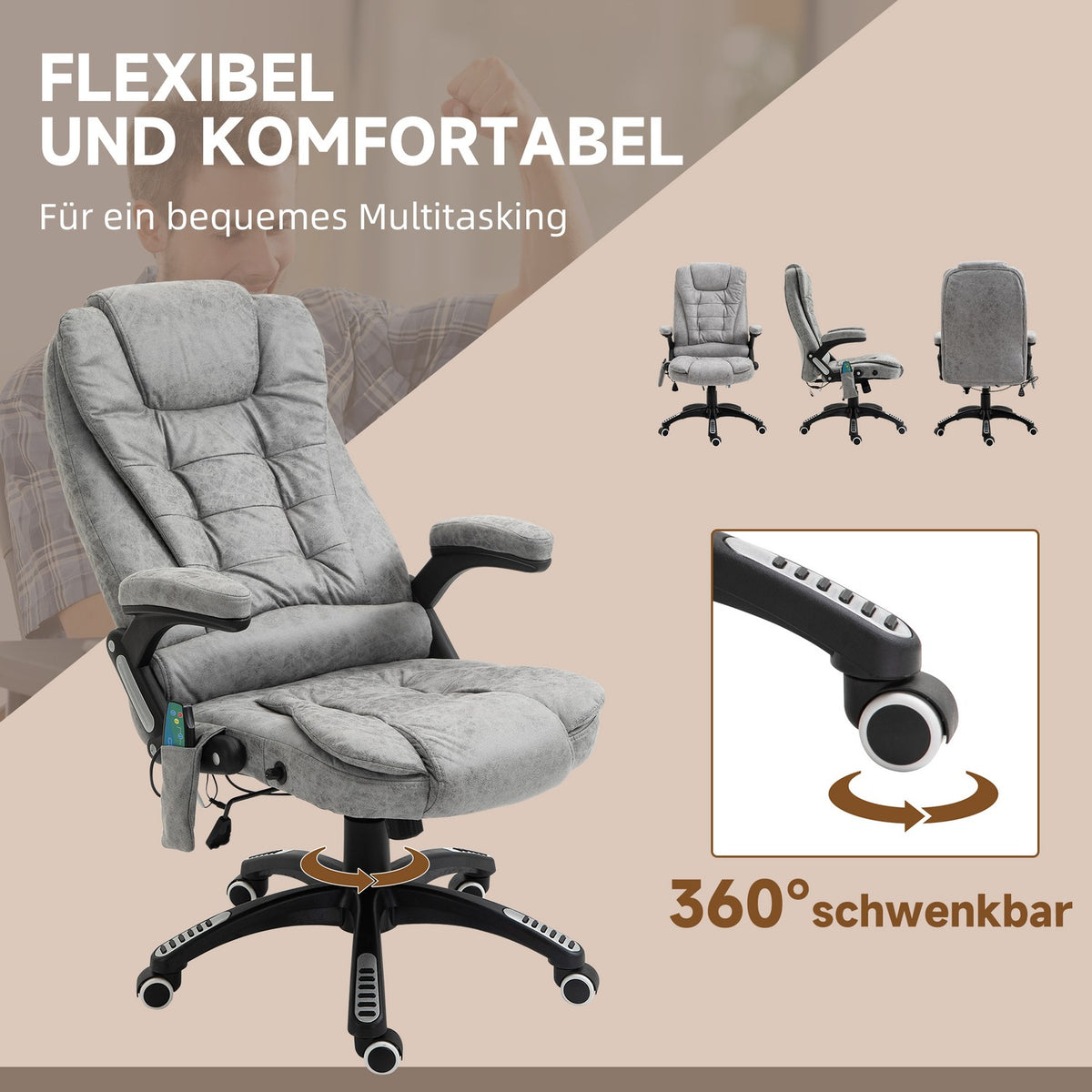Office Chair with Massage and Heat Function, Ergonomic, Height Adjustable, Smooth, 6 Massage Points, 68W x 72D x 110-120H cm, Gray
