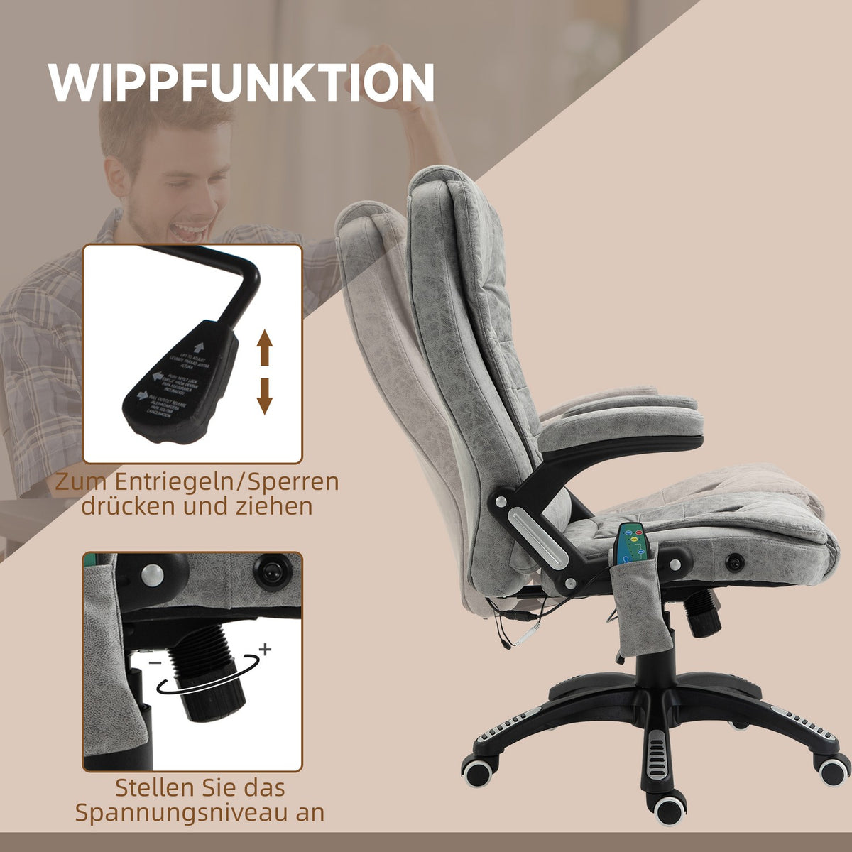 Office Chair with Massage and Heat Function, Ergonomic, Height Adjustable, Smooth, 6 Massage Points, 68W x 72D x 110-120H cm, Gray