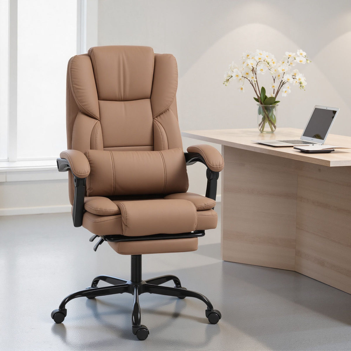 Office Chair with Pet-Friendly Leather, Footrest, Adjustable, Brown