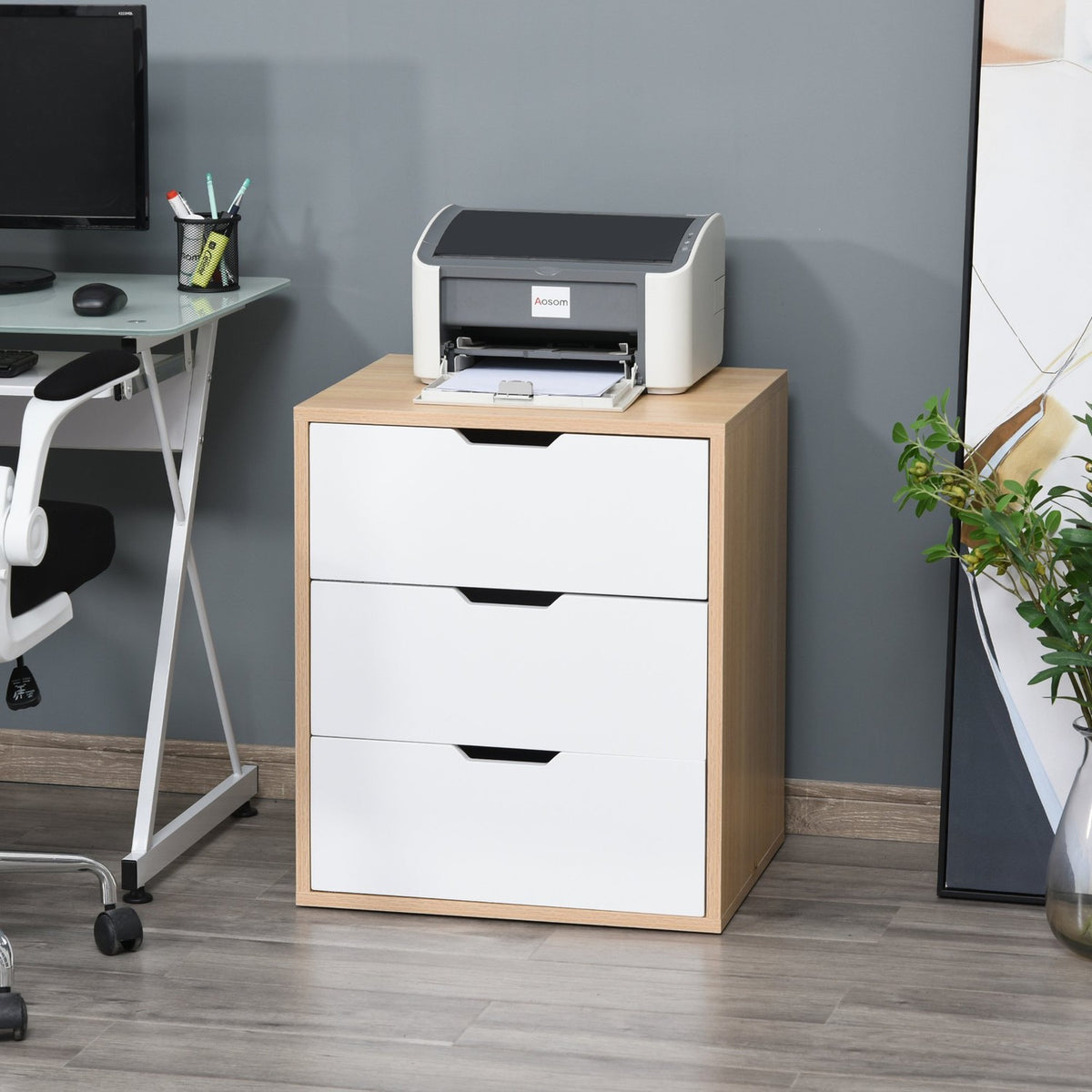 Office Container Filing Cabinet With 3 Drawers, Storage Of Files, E1 Chipboard, White + Natural, 55X45X65.5Cm