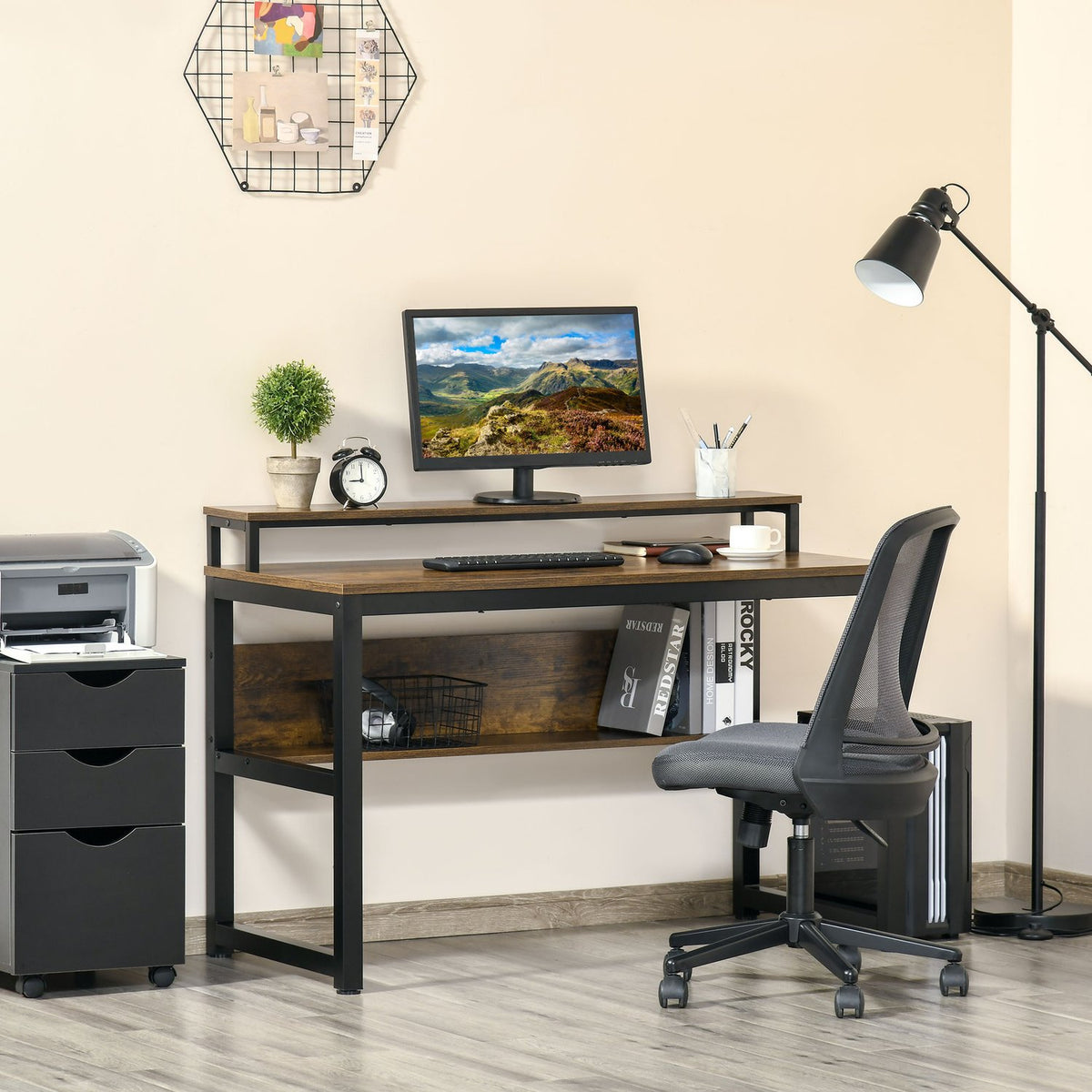 Office Desk, Computer Desk With Shelf, Industrial Style, Metal, Rustic Brown, 120X60X85Cm
