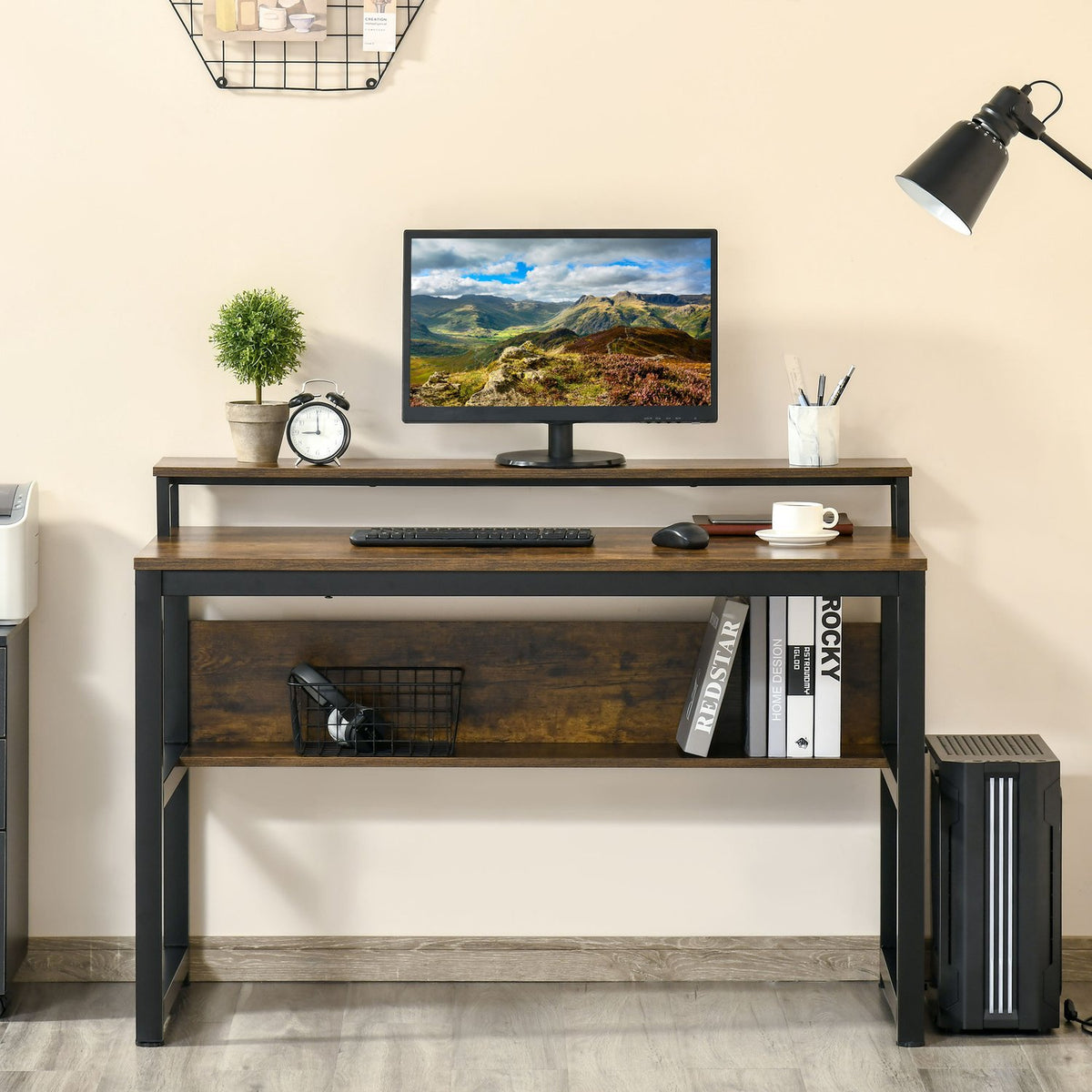 Office Desk, Computer Desk With Shelf, Industrial Style, Metal, Rustic Brown, 120X60X85Cm