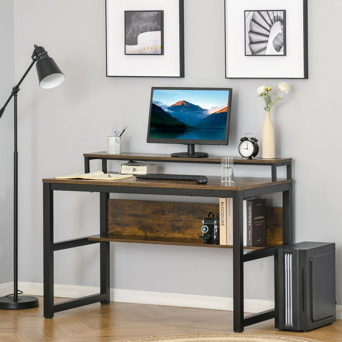 Office Desk, Computer Desk With Shelf, Industrial Style, Metal, Rustic Brown, 120X60X85Cm