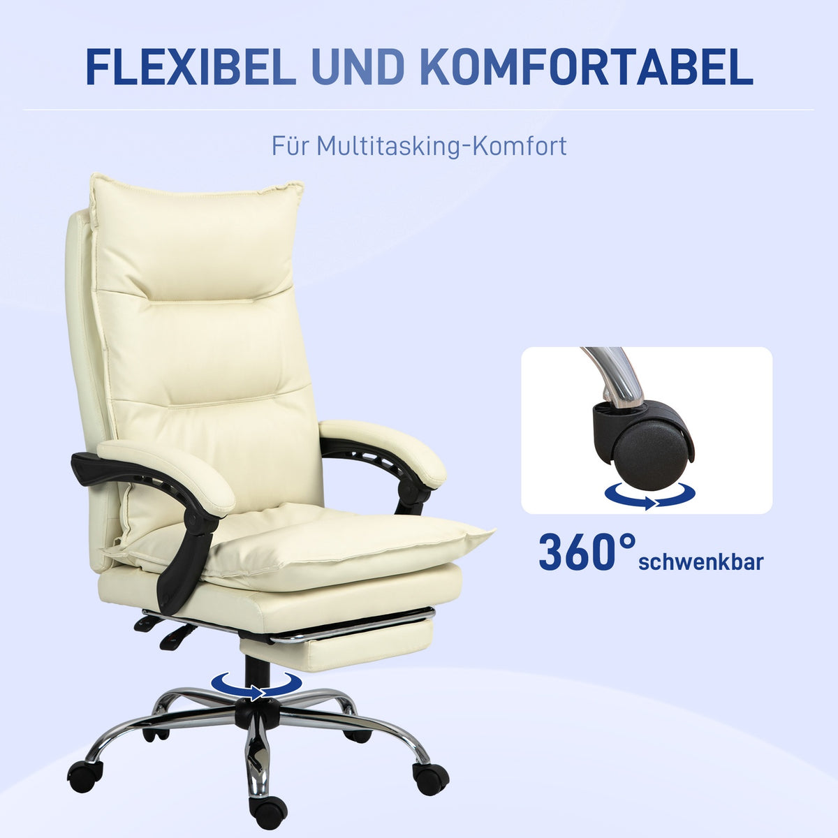 Office chair, 155° tiltable, height-adjustable desk chair with reclining function, footrest, ergonomic swivel chair, beige