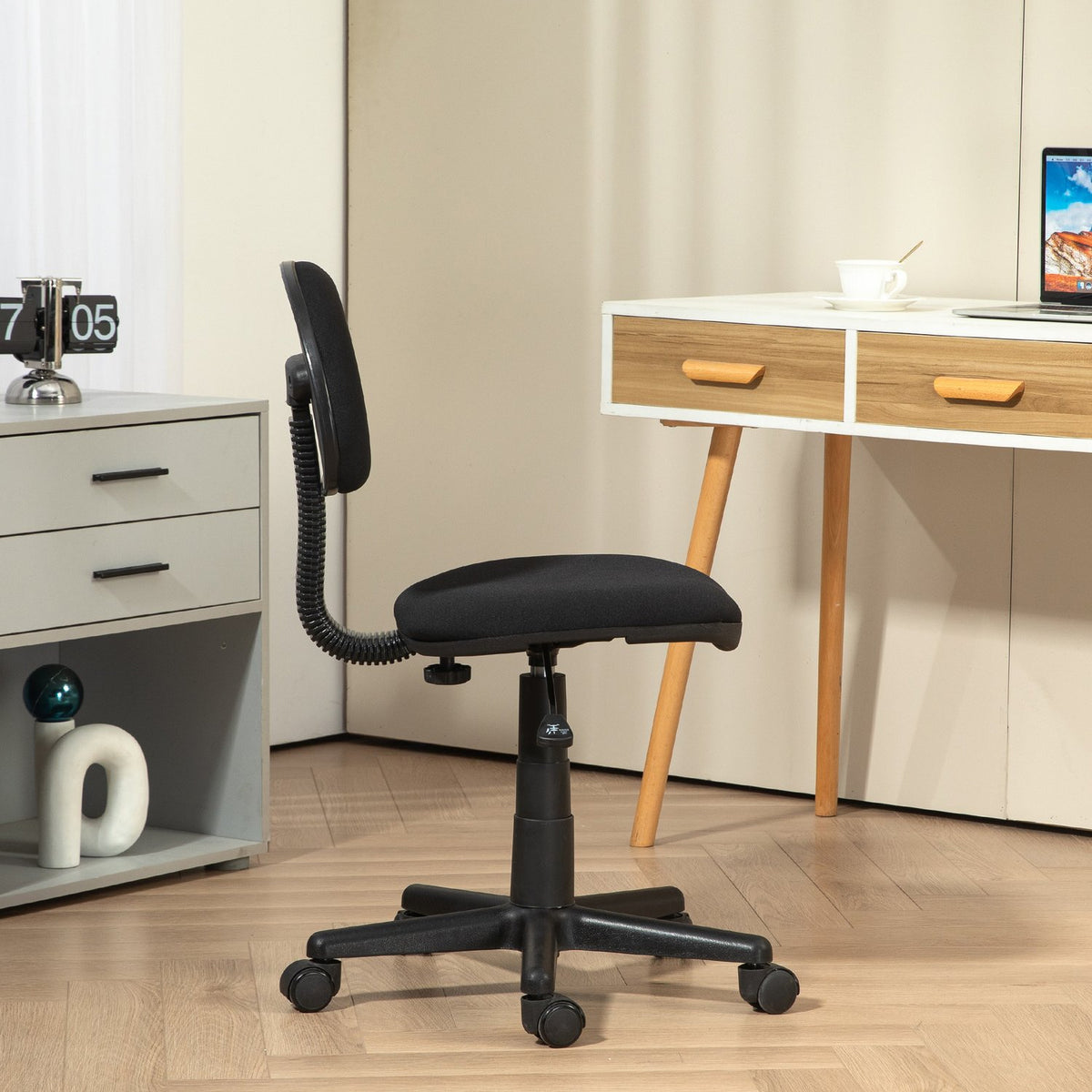 Office chair, armless design, low back, rollable, swivel, black