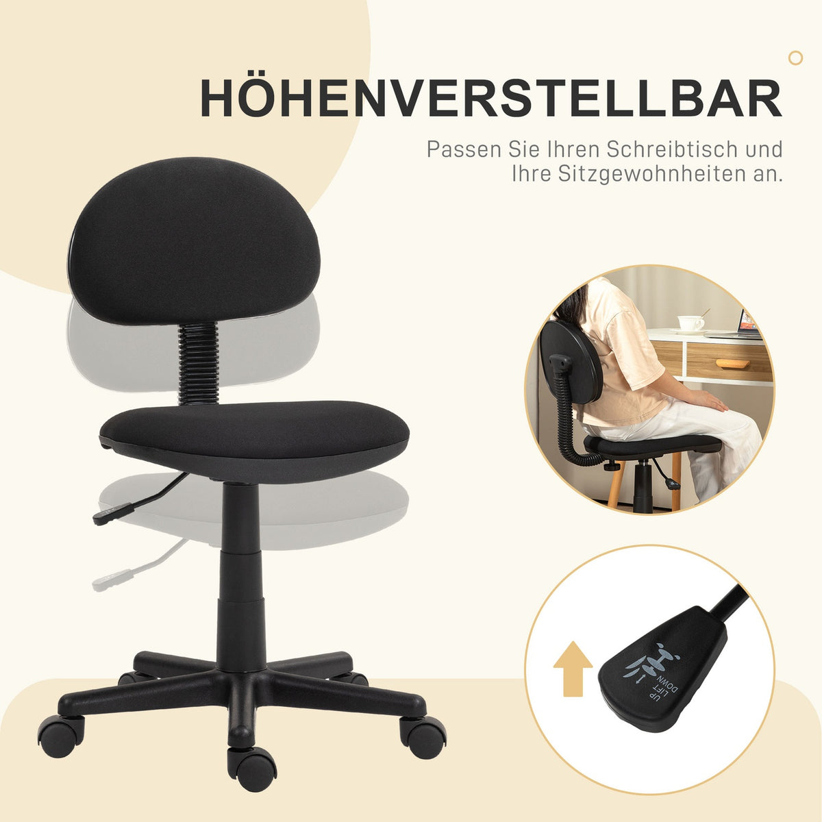 Office chair, armless design, low back, rollable, swivel, black