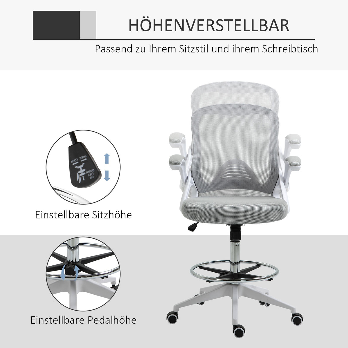 Office chair, desk chair, standing function, with footrest, swivel seat, steel, black, 64 x 60 x 106-126 cm