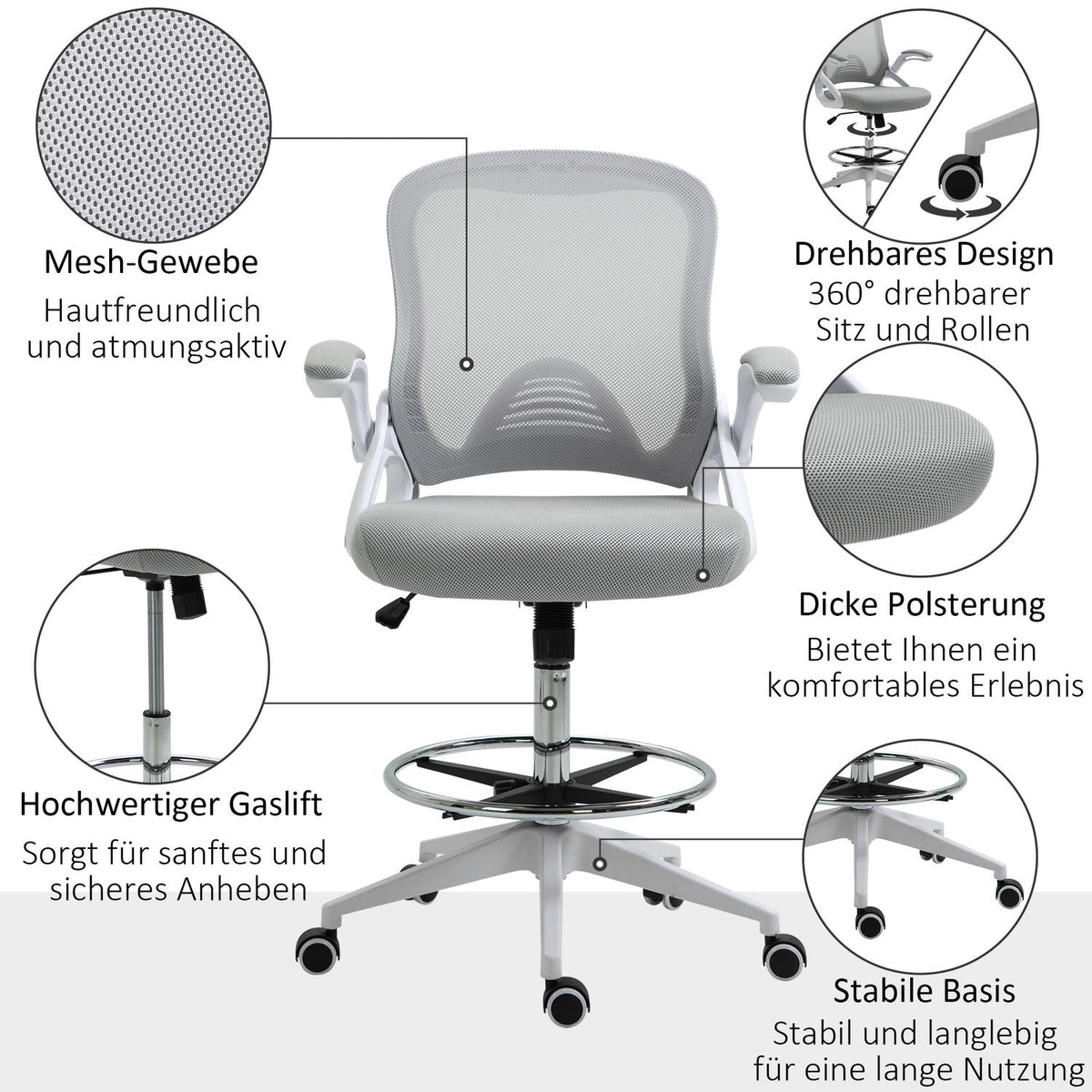Office chair, desk chair, standing function, with footrest, swivel seat, steel, black, 64 x 60 x 106-126 cm