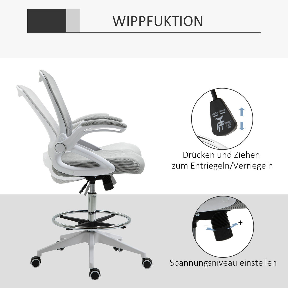 Office chair, desk chair, standing function, with footrest, swivel seat, steel, black, 64 x 60 x 106-126 cm