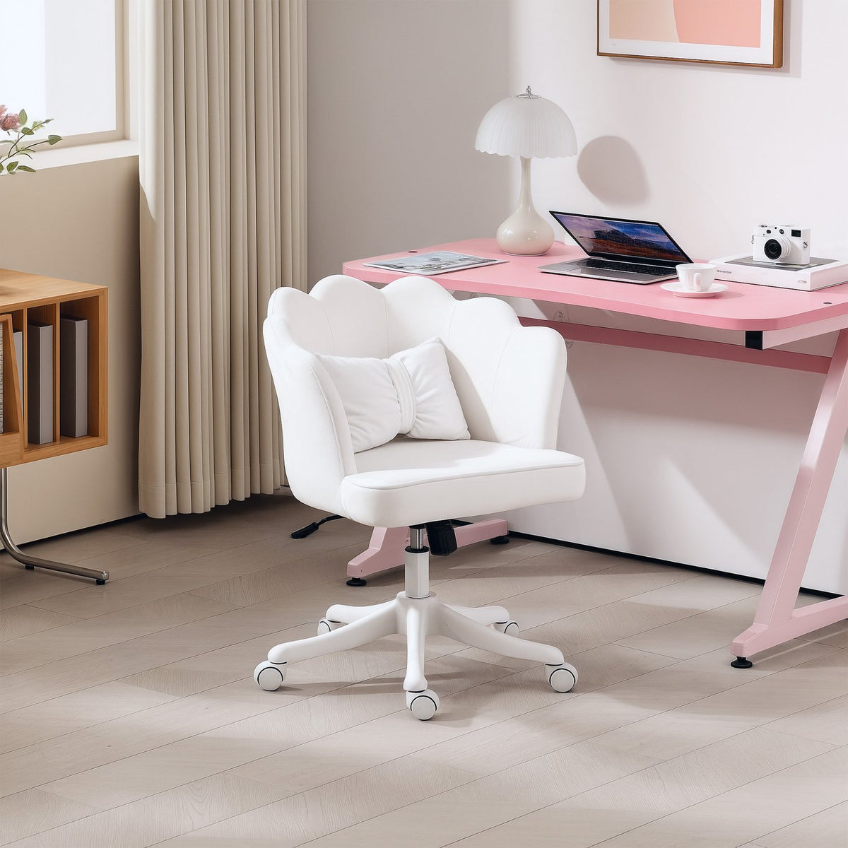 Office chair, desk chair with armrest, rocker function, height-adjustable cosmetic chair with velvet look, padded swivel chair with wide seat for bedroom, white