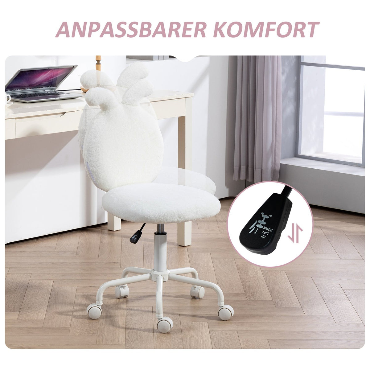 Office chair, desk chair with rabbit ears, height-adjustable cosmetic chair with velvet look, swivel chair, make-up chair for bedroom, white