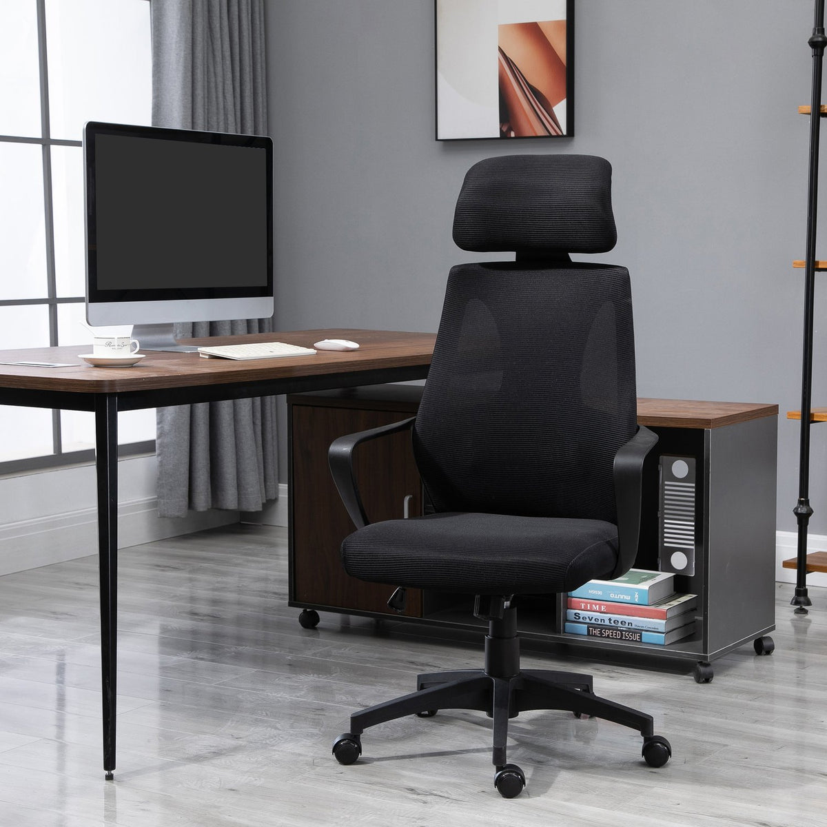 Office chair, desk chair with rocking function, height adjustable with headrest, lumbar support, black