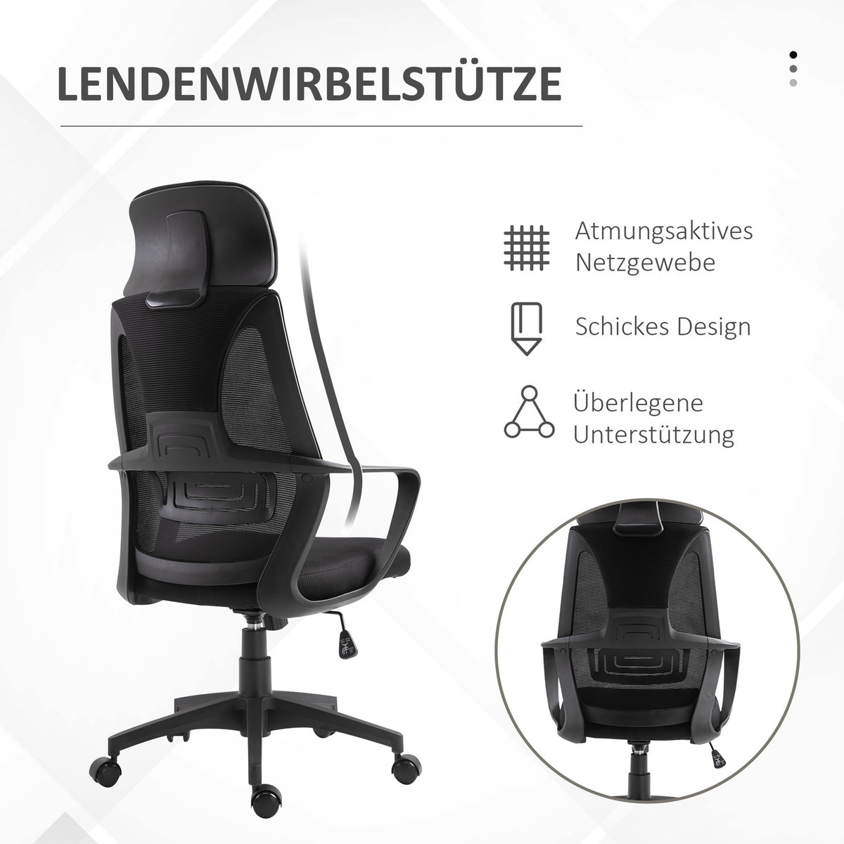 Office chair, desk chair with rocking function, height adjustable with headrest, lumbar support, black