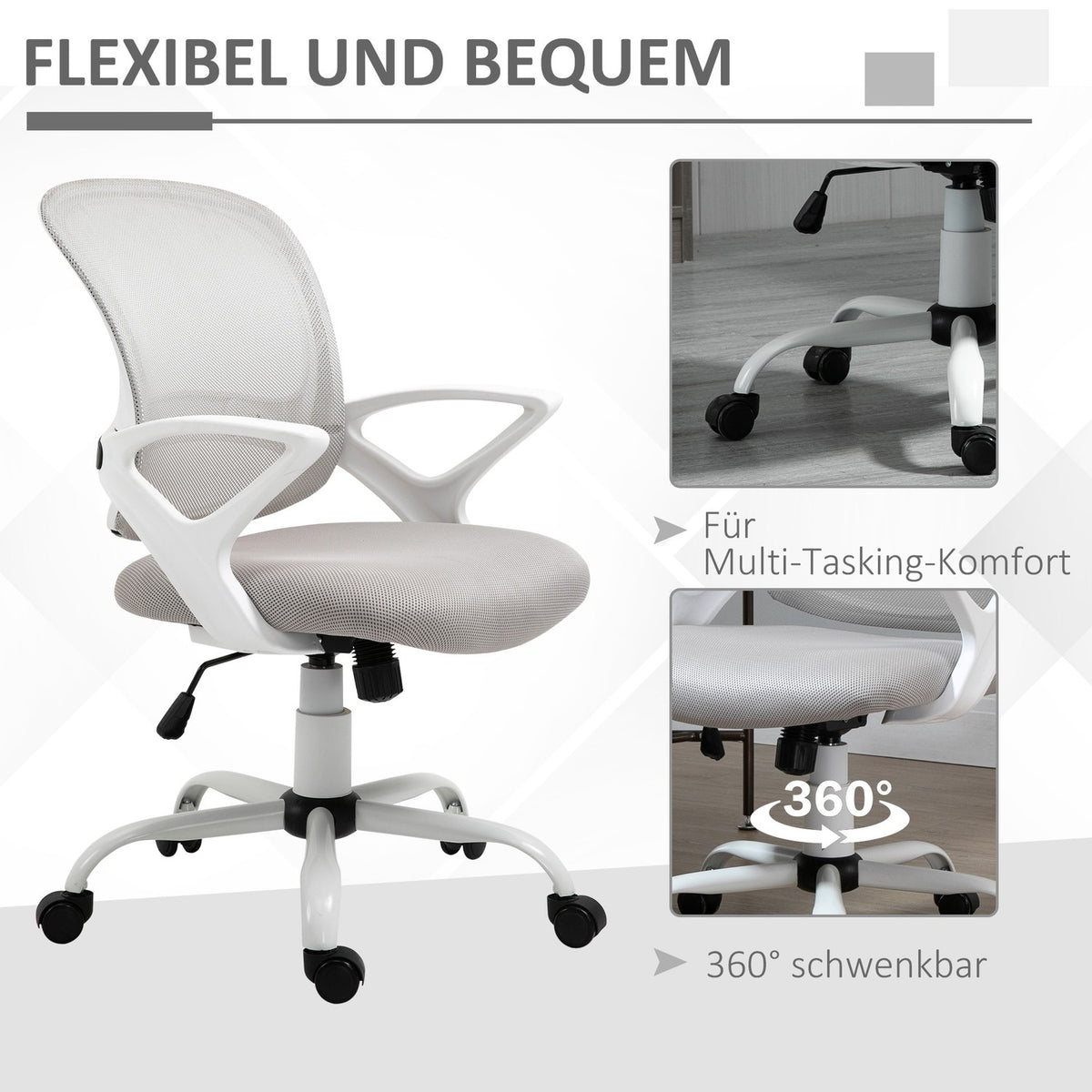 Office chair, desk chair with wheels, ergonomic, height-adjustable, grey