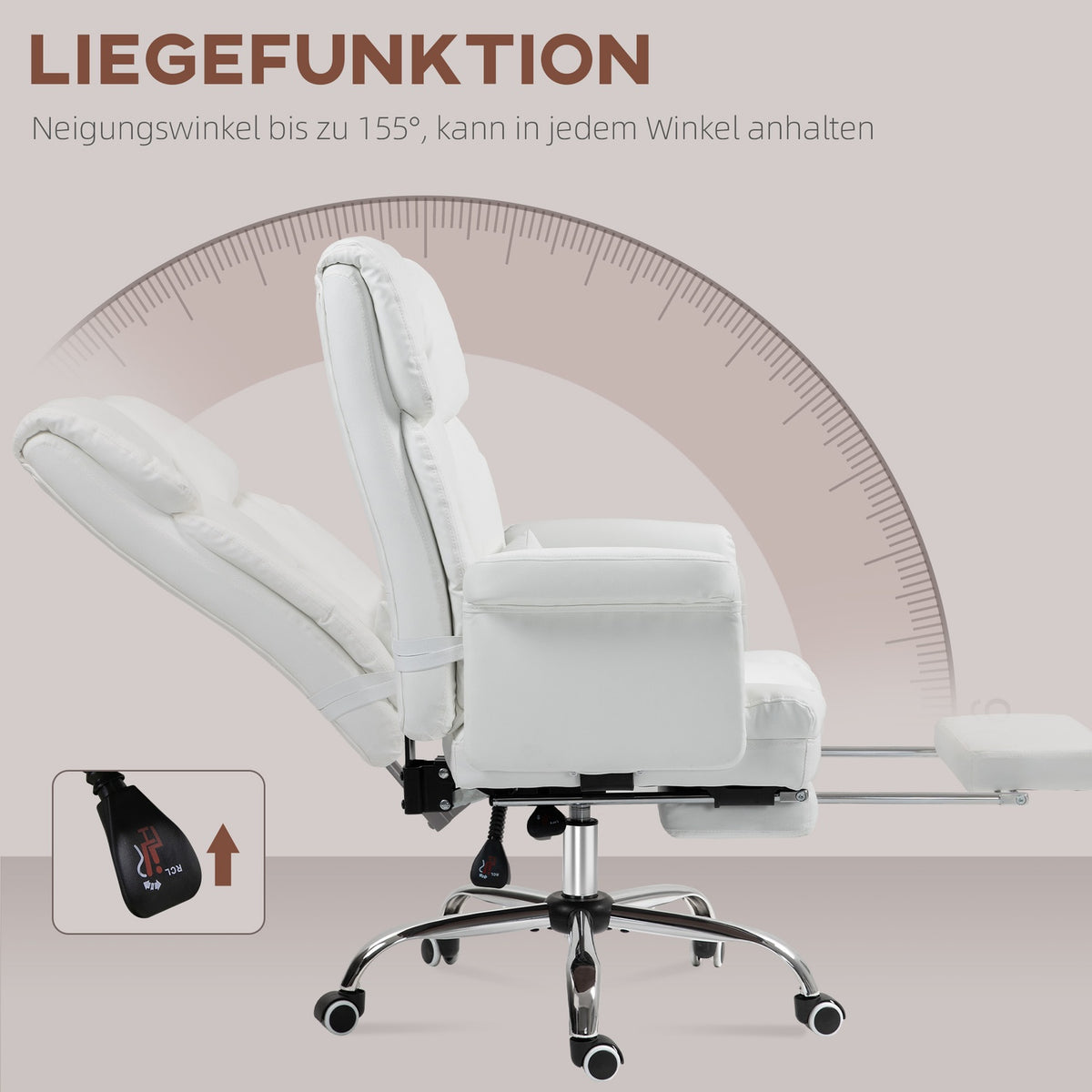 Office chair, ergonomic desk chair with reclining function, lumbar cushion, height-adjustable computer chair with footrest, swivel function, for home office, faux leather, white